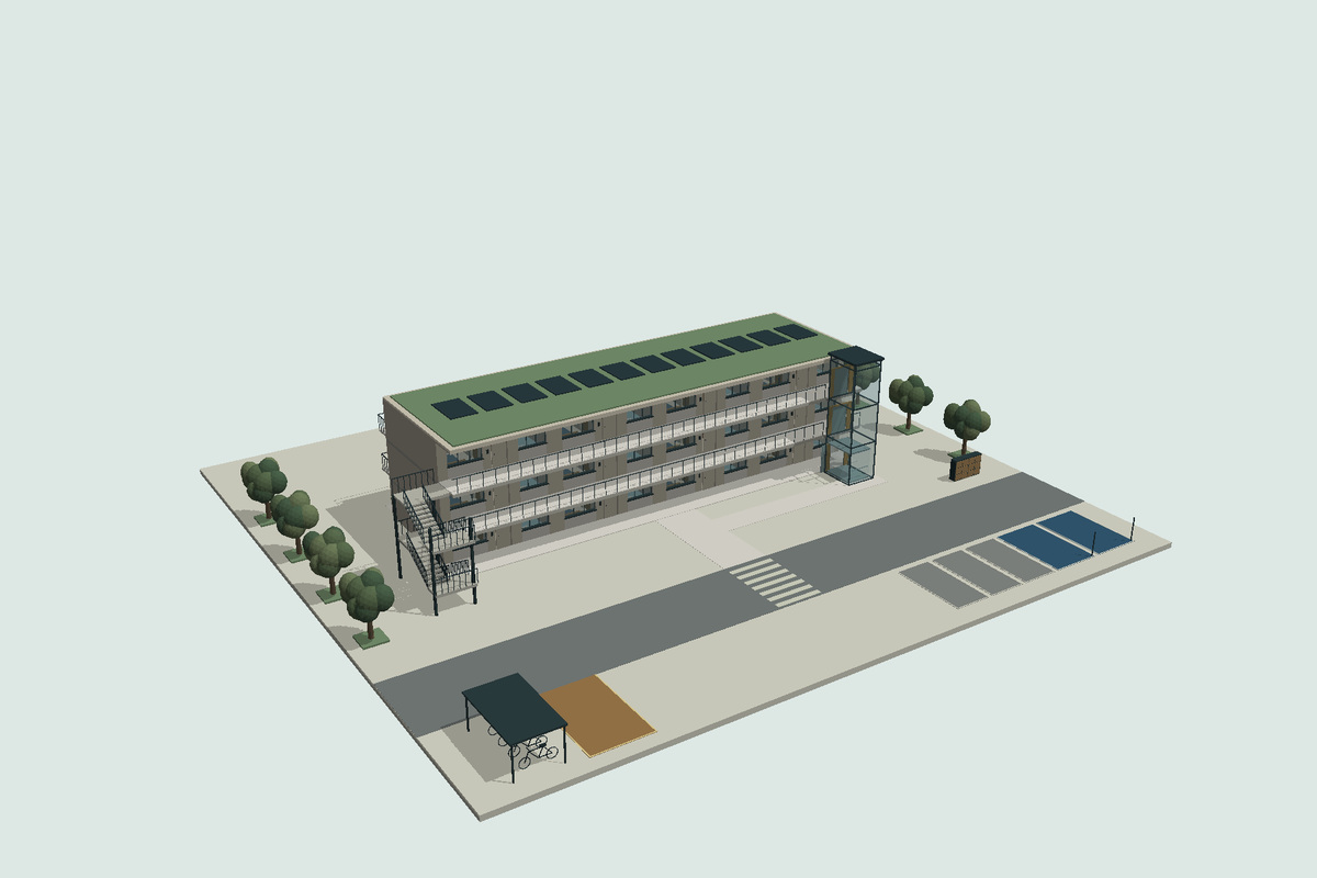 Mitarbeiter-Galeriehaus – gerenderte 3D-Gesamtansicht