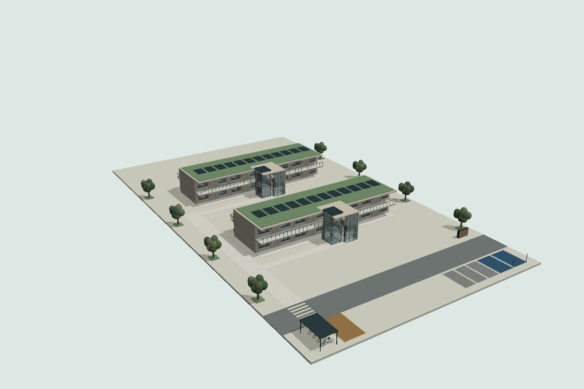 Mitarbeiterquartier – gerenderte 3D-Gesamtansicht